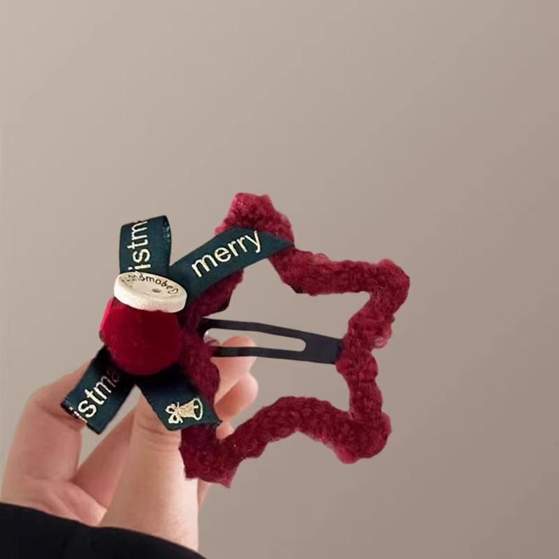 Red Star Bow Hair Clip for Women - New Year Headdress, Cute Bangs & Side Clip Hair Accessory