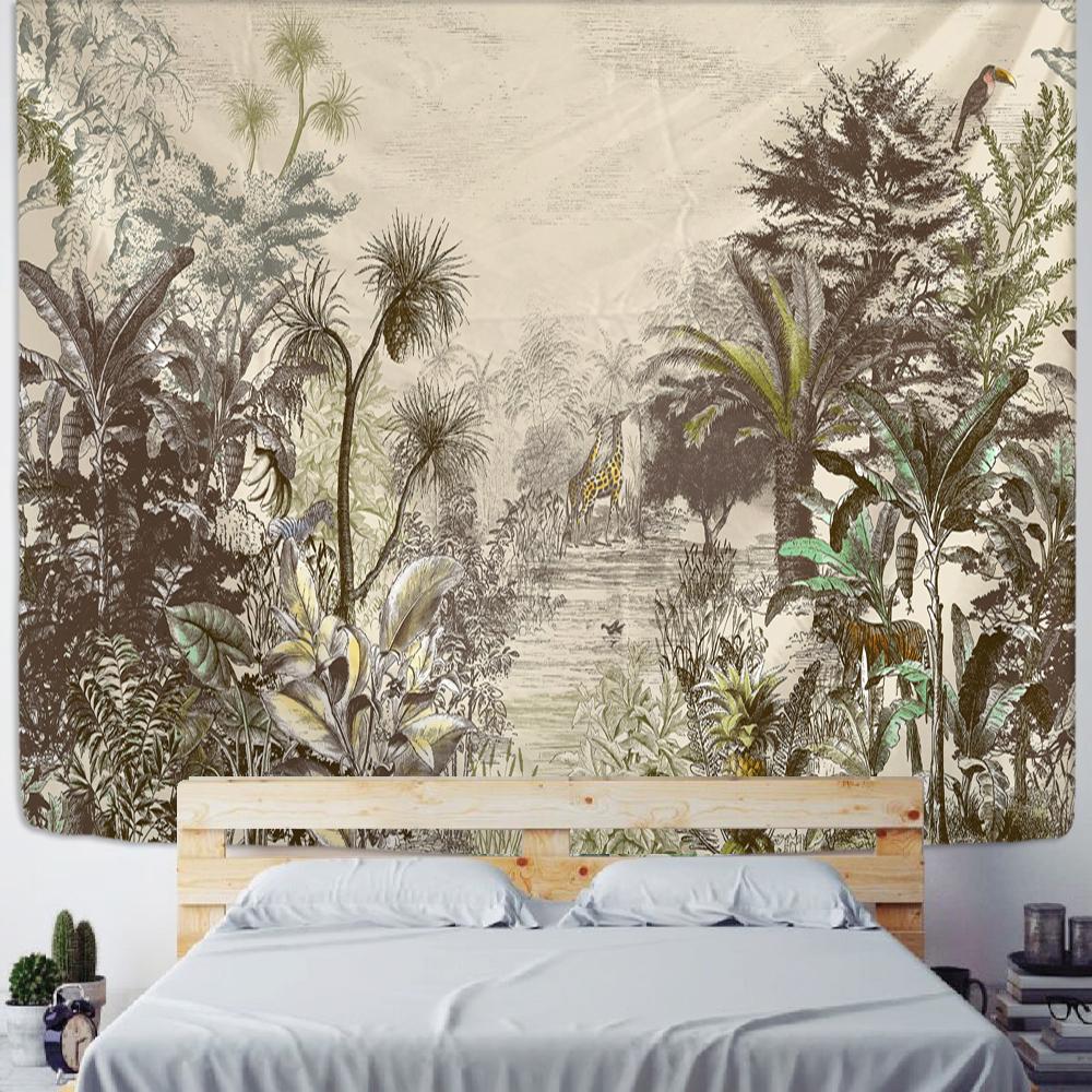 Tropical Rainforest Tapestry Wall Hanging Family Bedroom Decoration Polyester Fabric Bohemian Plant Art Printing