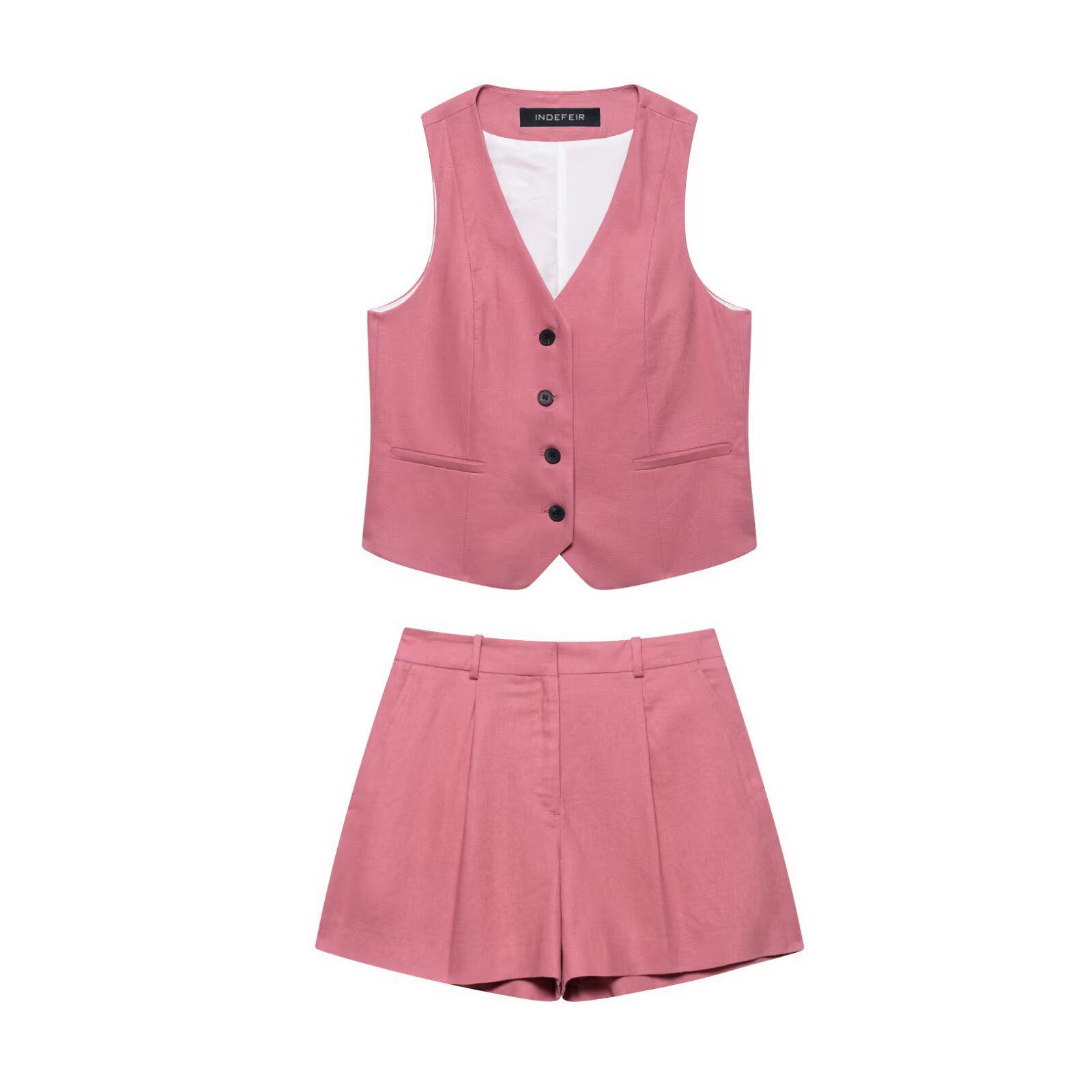 

Spring 2025 European & American Women s Linen Blend Vest and Shorts Set Small