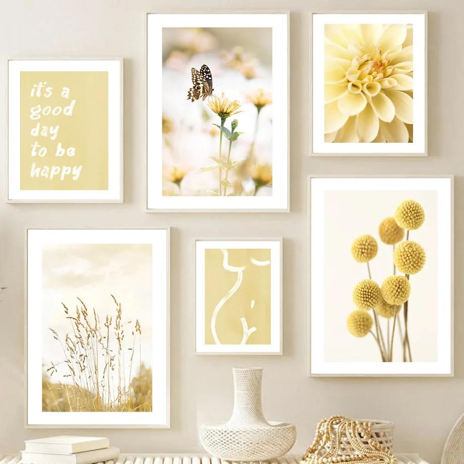Yellow Dahlia Sunflower Orchid Butterfly Beige Wall  Canvas  Nordic Posters And Prints Pictures For Living Room Decor