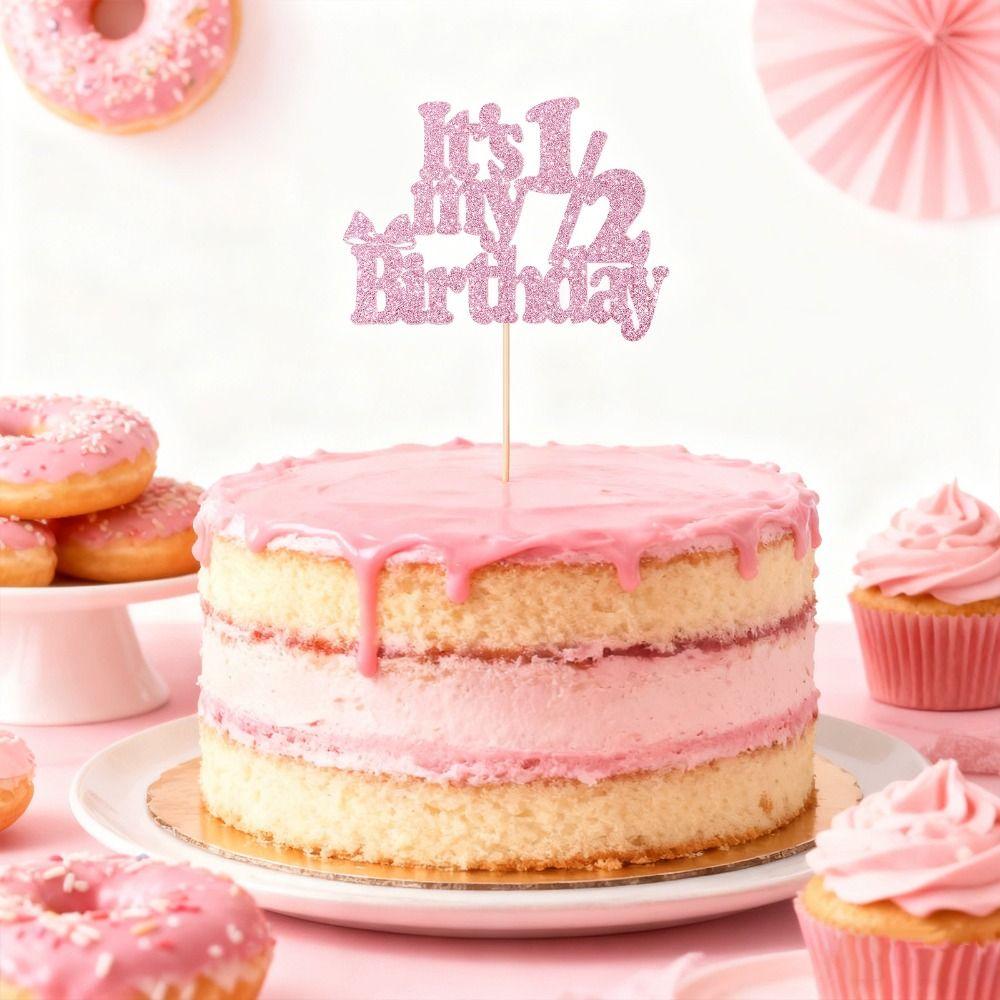 3pcs Pink 1/2 Birthday Cake Topper Giltter Paper Half Birthday Decorations  for Baby Birthday Party