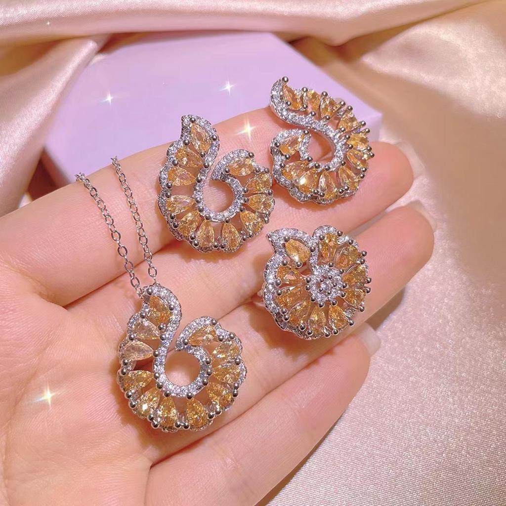 Luxury Conch Jewelry Set: Oval Geometric Yellow Sapphire Ring, Necklace & Earrings