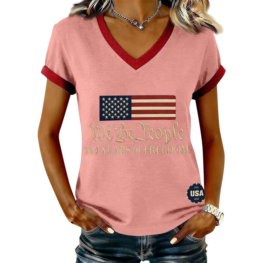 T-shirt a maniche corte con scollo a V con Stampa We the 250 Years of Print Flag Grafica Vestibilità Casual Top da Donna