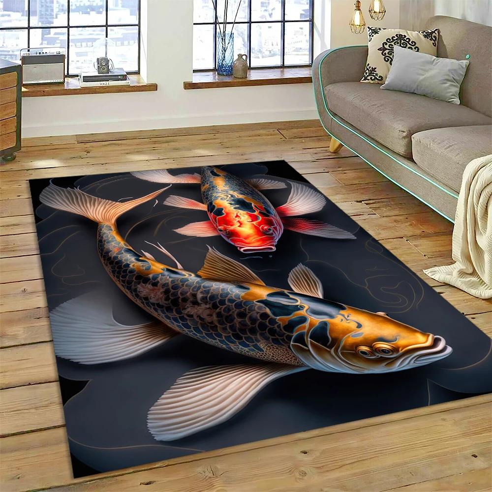 שטיח מצויר דגי קוי יין יאנג טבעיים לבית, לסלון, לחדר השינה, לספה, שטיחון כניסה, קישוט, שטיח אזור לילדים, מחצלת מונעת החלקה