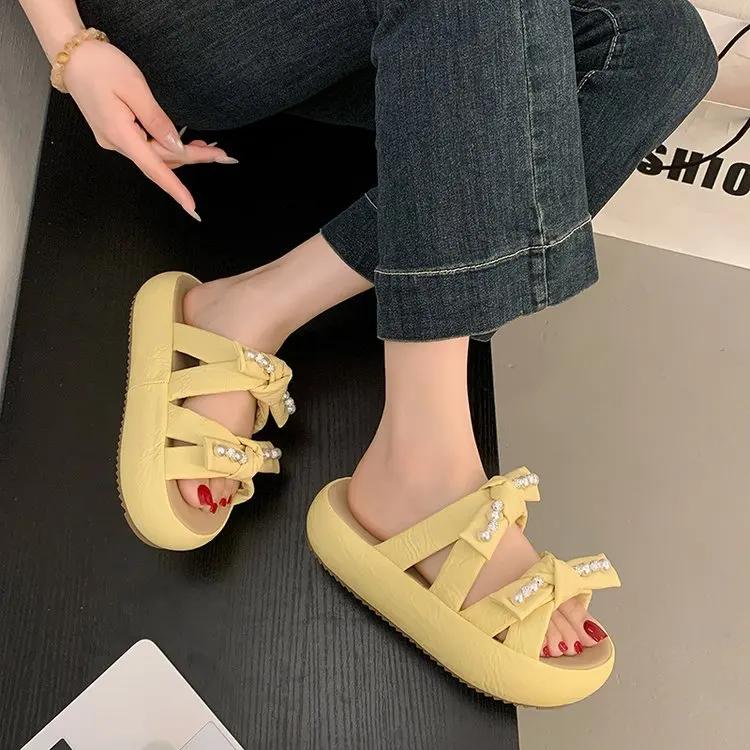 Shoes House Slippers Platform Slides Fashion String Bead Slipers Women Butterfly-Knot Flat Luxury Summer Soft 2025  String Bead