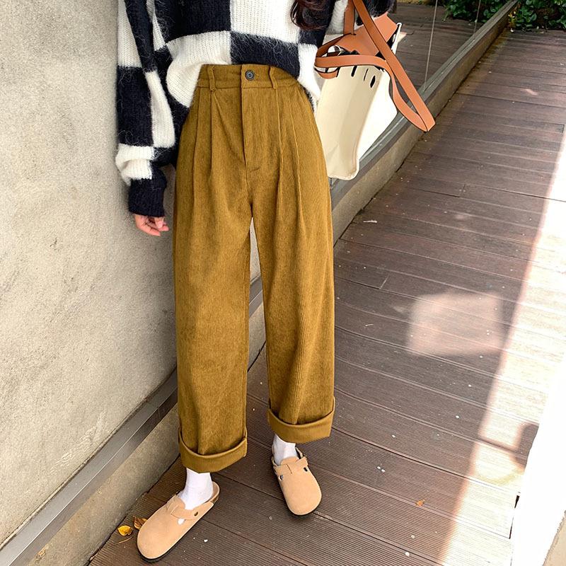 Høy midje Dame Vintage Kordfløyelsbukser Rett Casual Vårbukser Koran Vintage Kaffe Lommer All Match Bukser