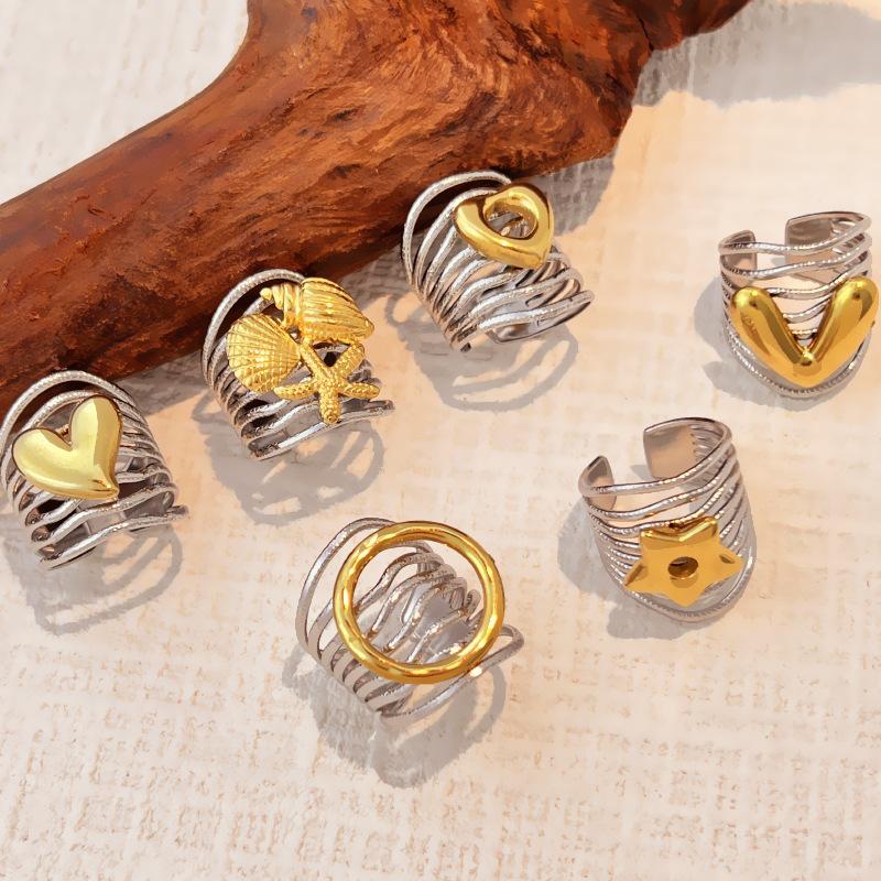 Stainles Steel Multi Layer Lines Hollow Rings for Women Men Geometric Gold Color Heart Star Wide Opening Rings Jewelry