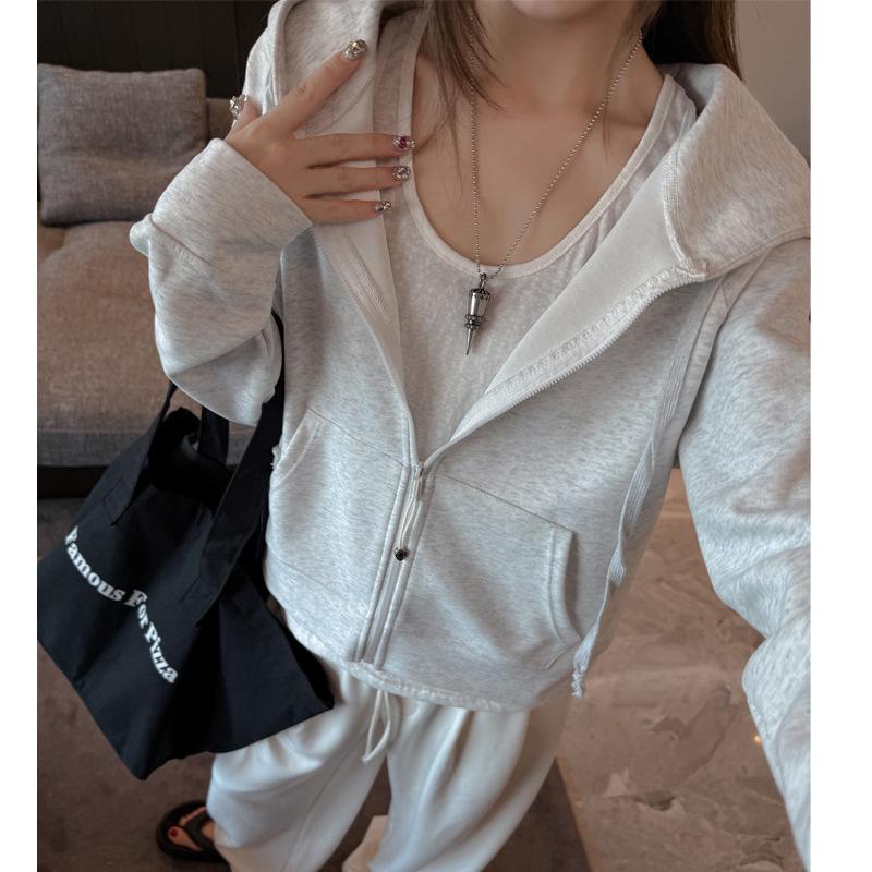 Classic autumn and winter solid color hooded sweater long-sleeved zipper thickened jacket women's sports loose casual versatile top
