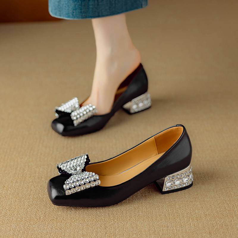 Krazing Pot Cow Skin Summer Size 40 Med Heels Crystal Butterfly-knot Decoration Square Toe Diamond Heels Gladiator Pumps