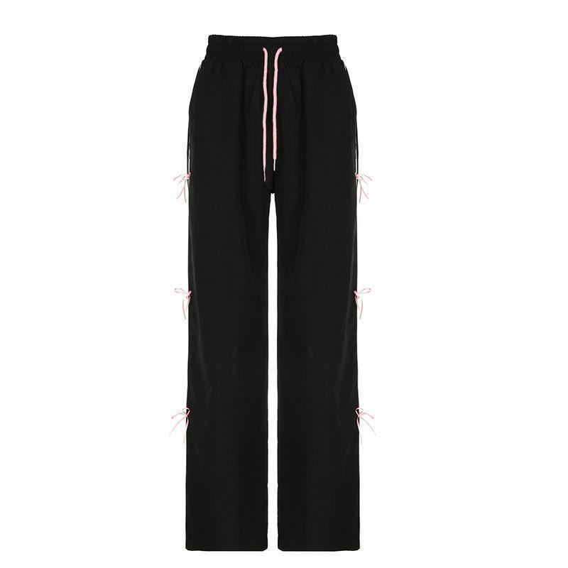 Women's Summer American Y2K Bow Side Stripe Design Lounge Pants - Straight Loose Flared Dance Trousers for Slimming Look