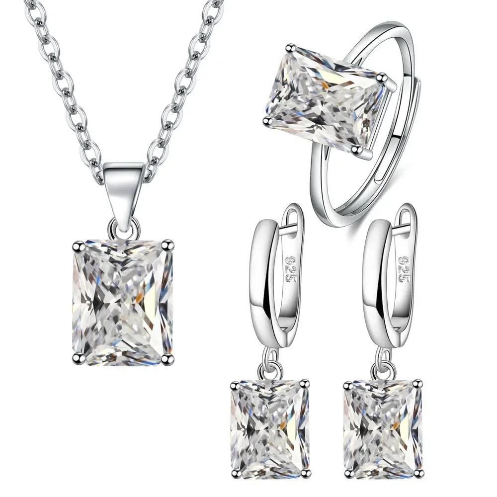 Elegant Jewelry Sets Ring Earrings Necklace For Women Rectangle Geometry Zircon Wedding Accessories