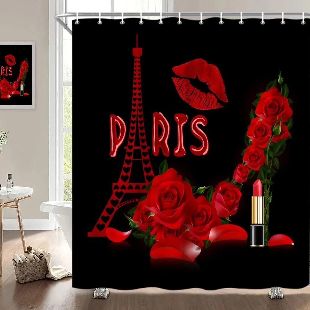 Valentine'S Day Shower Curtain, Rose Flower Heart Romantic Plant Love Lipstick Polyester Printed Fabric Bathroom Decoration