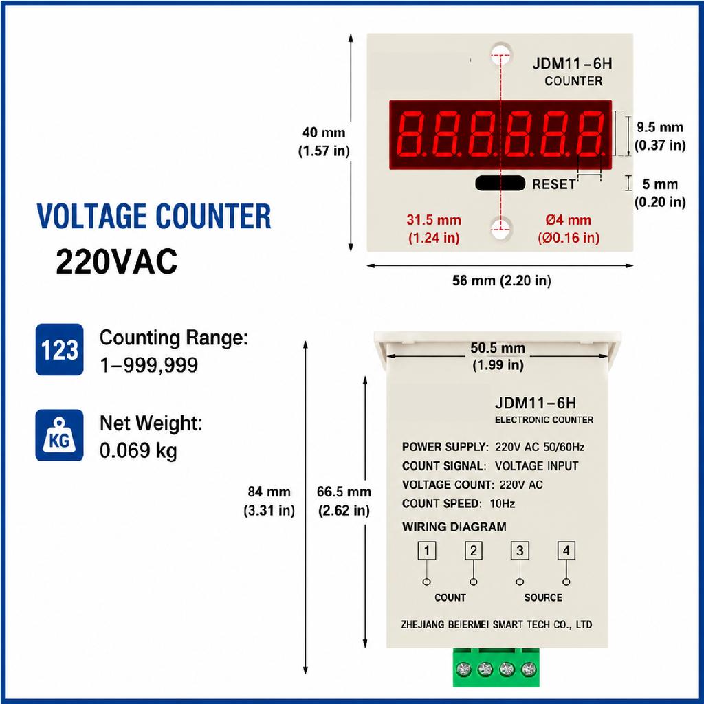 JDM11-6H 6 Digit Digital Counter LED Display Electronic Totalizer Industrial Panel Mount Counter Power Failure Memory 12-380V 1