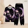 Women Plus Size Skull Printed Notch Neck Half Sleeve Top Cross Hem Pants Two Piece Set