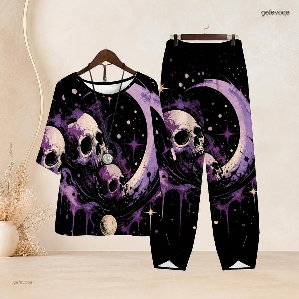 Women Plus Size Skull Printed Notch Neck Half Sleeve Top Cross Hem Pants Two Piece Set