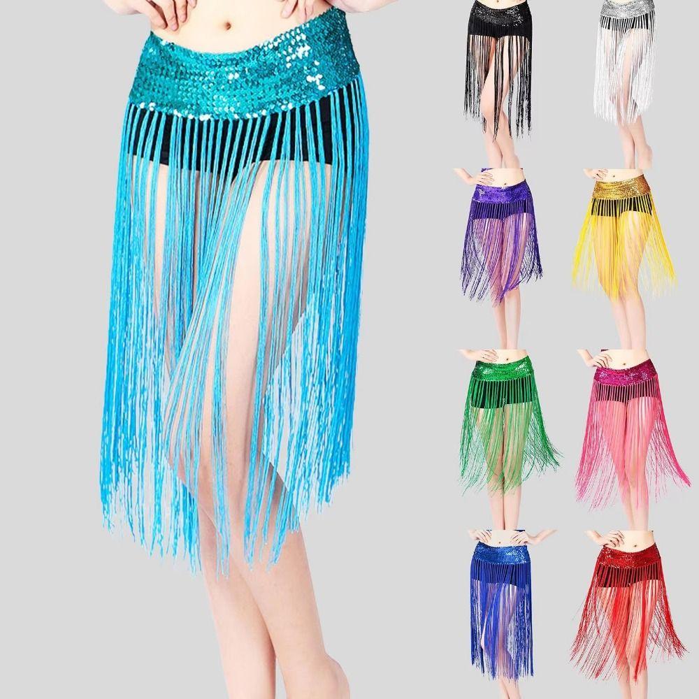 Glitter Sequins Belly Dance Belt Long Tassel Hip Scarf Skirt Sequin Waist Chain  Latin Dancewear