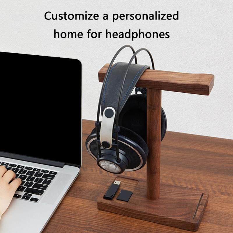 Walnut Headphone Stand Universal Desktop Holder for Gaming Headsets Solid Wood Craftsmanship with Storage Base