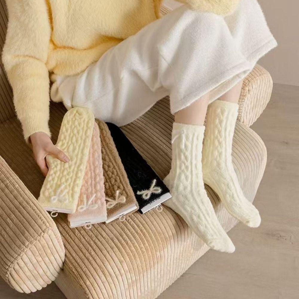 Thickened Floor Plush Socks Bowknot Mid Tube Socks Women Creative Coral Fleece Socks  Female