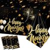 PHOGARY 2026 Happy New Year Tablecloths Black and Gold Tablecloth New Years Eve Party Decorations Supplies Disposable Plastic Table Cover 54 X 108