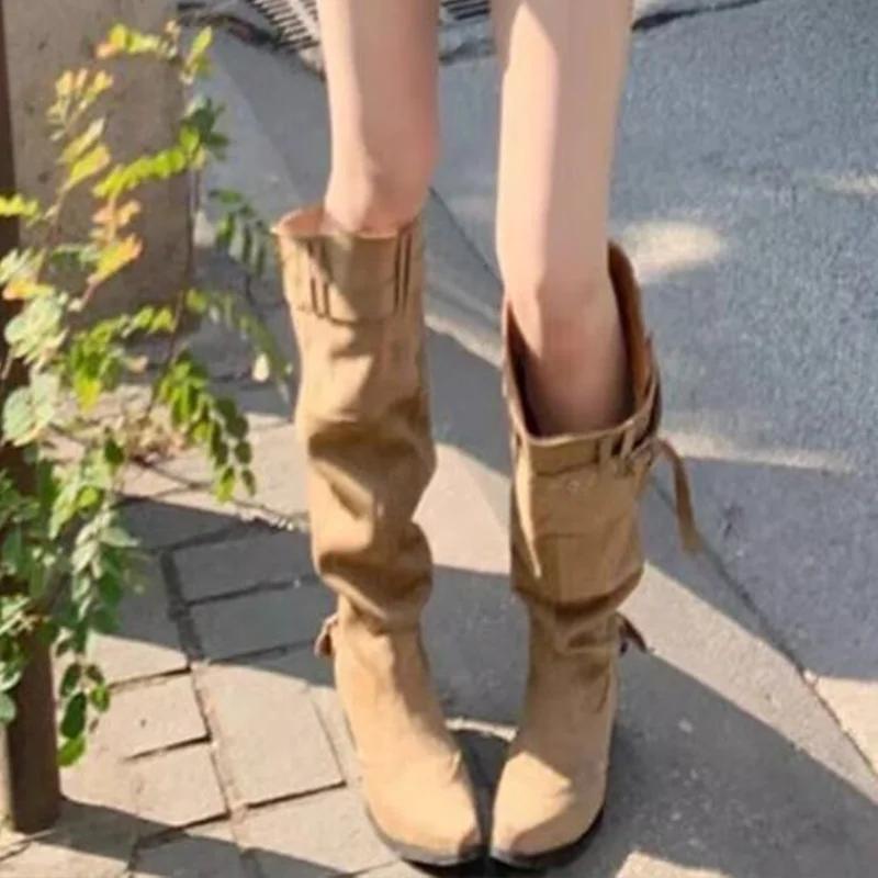 Pointed Toe Women High Boots Designer Fashion Shoes High Heels Chunky Elegant Shoes 2025 Winter Trend Women’s Motorcycle