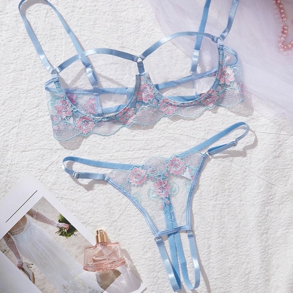 Lace Lingerie Suit Chest Support Bra Briefs Set T-back Perspective Lingerie Valentine's Day