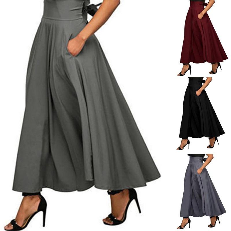 Women s High Waist Gray A Line Pleated Maxi Skirt With Pockets S светло-серый