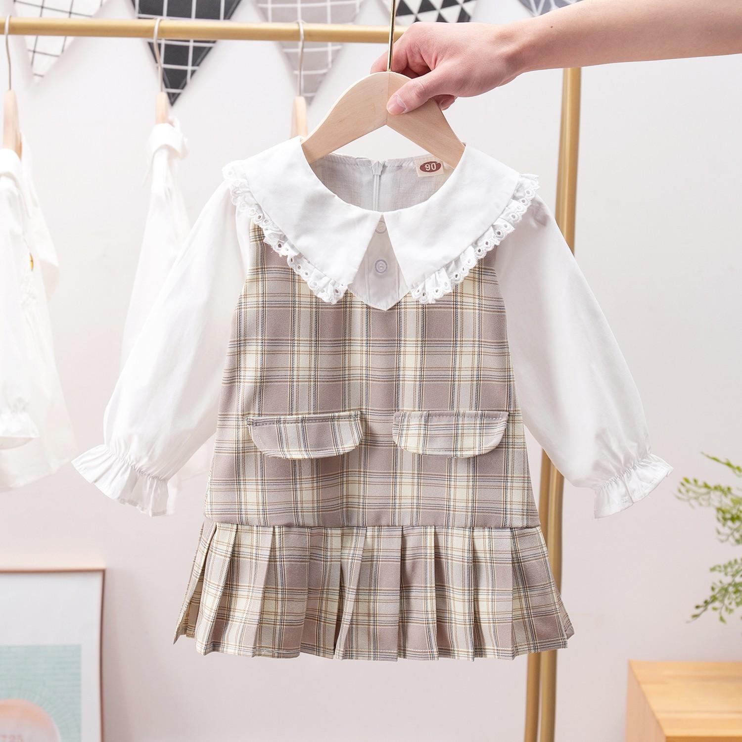 Girls Spring Autumn Pastoral Plaid Striped Long Sleeve Dress Fashionable Versatile Shirt Dress For Toddler And Kids 90cm серый