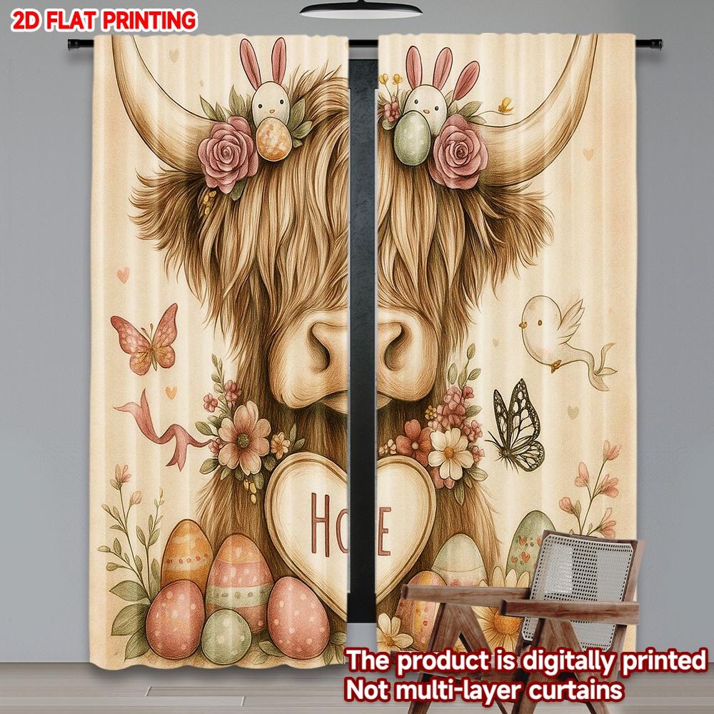2D Flat Printing 2pcs Scene Curtain Cute Calf and Egg Pattern Digital Printed Polyester Drapes Party Decorations Use for Holiday
