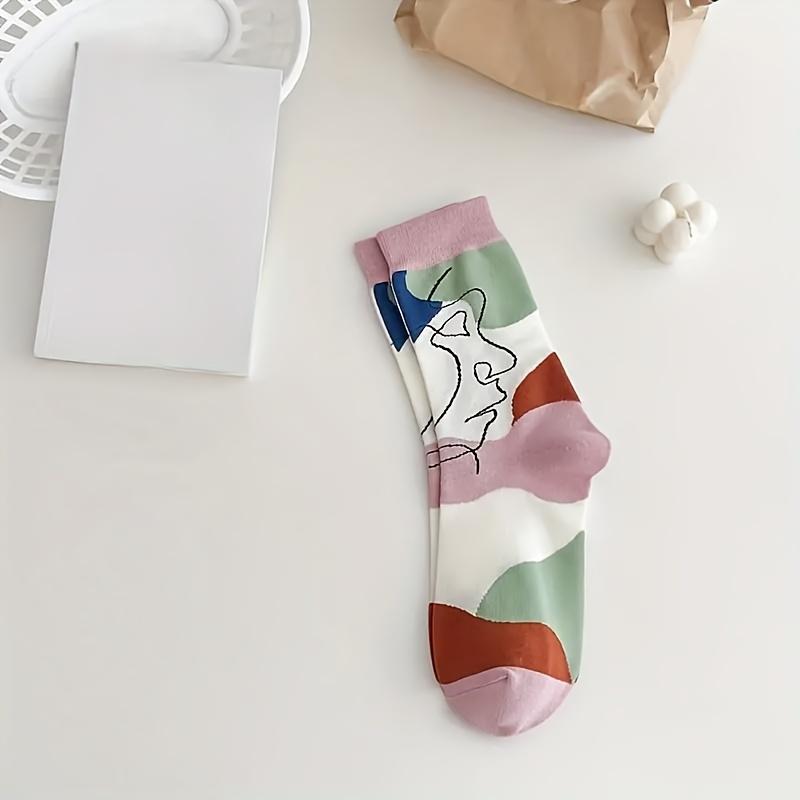 3 pairs of women's abstract oil painting tube socks - geometric art design, fashionable autumn and winter casual socks