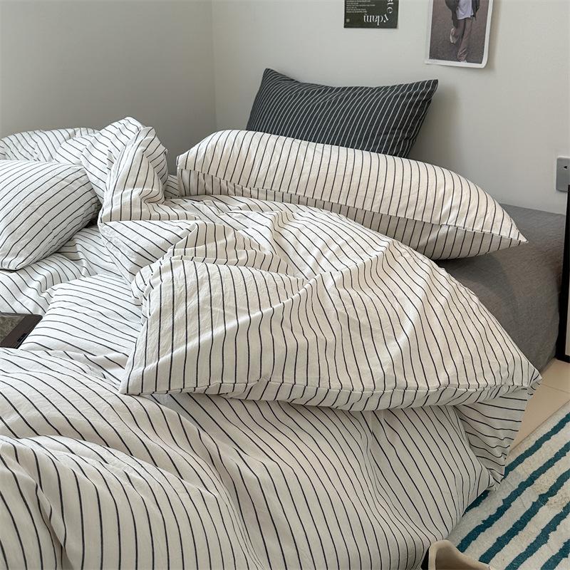 Retro Striped Four-piece Set, Cotton Pure Cotton 100 Washed Cotton Bed Sheet Quilt Cover, Male Student Dormitory Bed Three-piece Set 1
