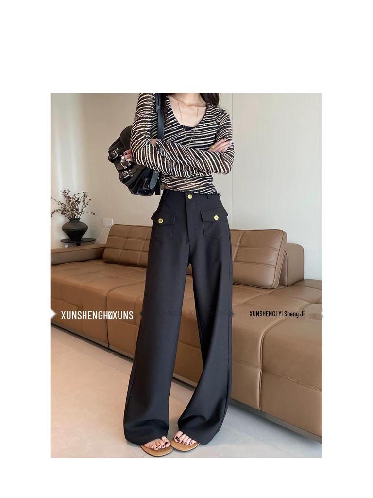 Women's High-Waisted Black Wide-Leg Pants - Spring/Autumn Drapey Suit Pants with a Relaxed Fit