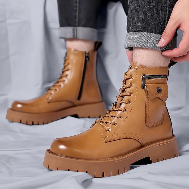 High Quality Men Autumn Winter Short Boots 2025 New Fashion Zip Side Pocket Design Leather Anti-slip Lace-up Man Platform Shoes