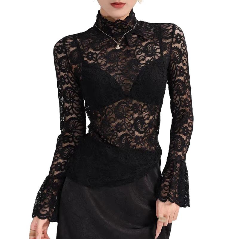 Women's Flower Lace Turtleneck Mesh Top Elegant Pullover