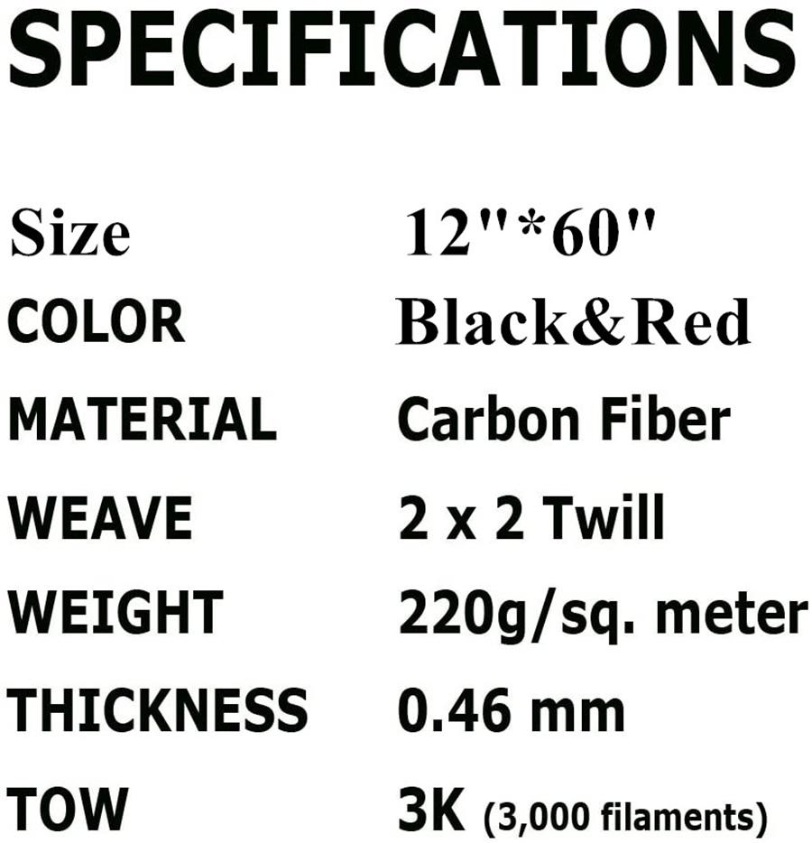 12" X 60" Black & Red 3K Carbon Fiber Fabric 220gsm 2x2 Twill Weave Cloth