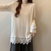 Women's Elegant Lace Trim Ribbed Knit Long Sleeve Top V-neck Loose Casual Blouse Ladies T-shirt