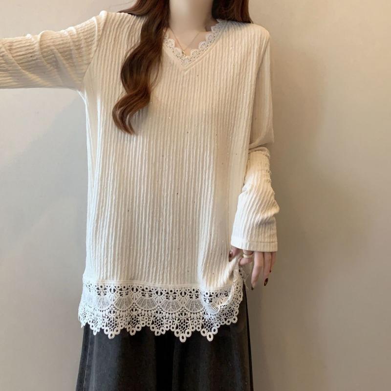 Women's Elegant Lace Trim Ribbed Knit Long Sleeve Top V-neck Loose Casual Blouse Ladies T-shirt