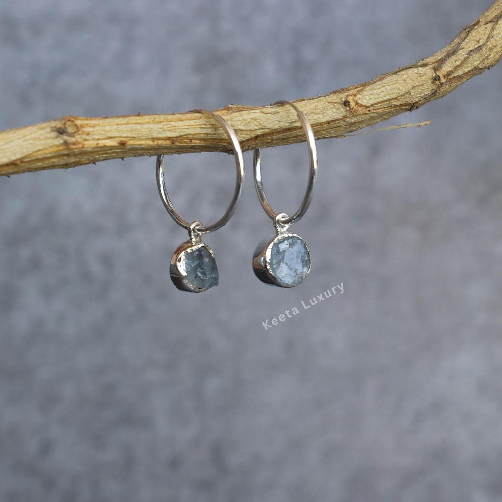 Natural Raw Aquamarine Earrings Raw Gemstone Earrings Healing Crystal Earrings Sterling Silver Small Hoop Earrings Bridesmaid Earrings