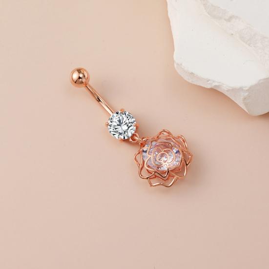 Belly Button Rings Stainless Steel Hollow Flower Dangle Body Piercing Jewelry Rhinestone Navel Ring for Women