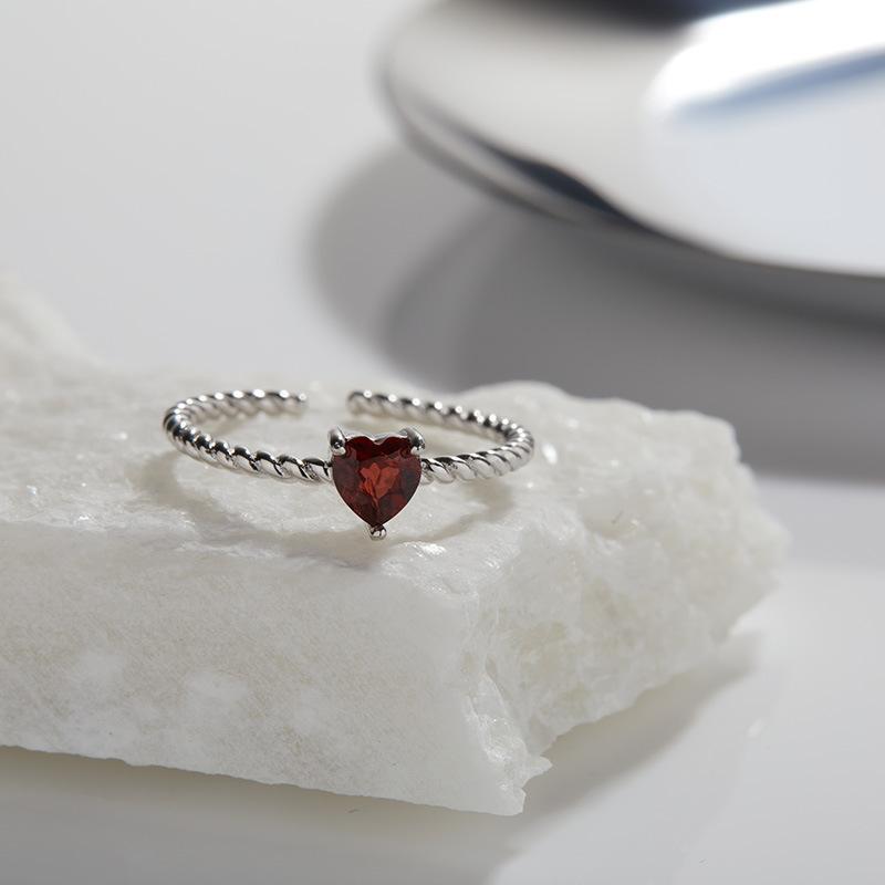 

Personalized Simple Love Heart-Shaped Natural Color Treasure S925 Sterling Silver Ring Women S Natural Garnet Topaz Open Ring