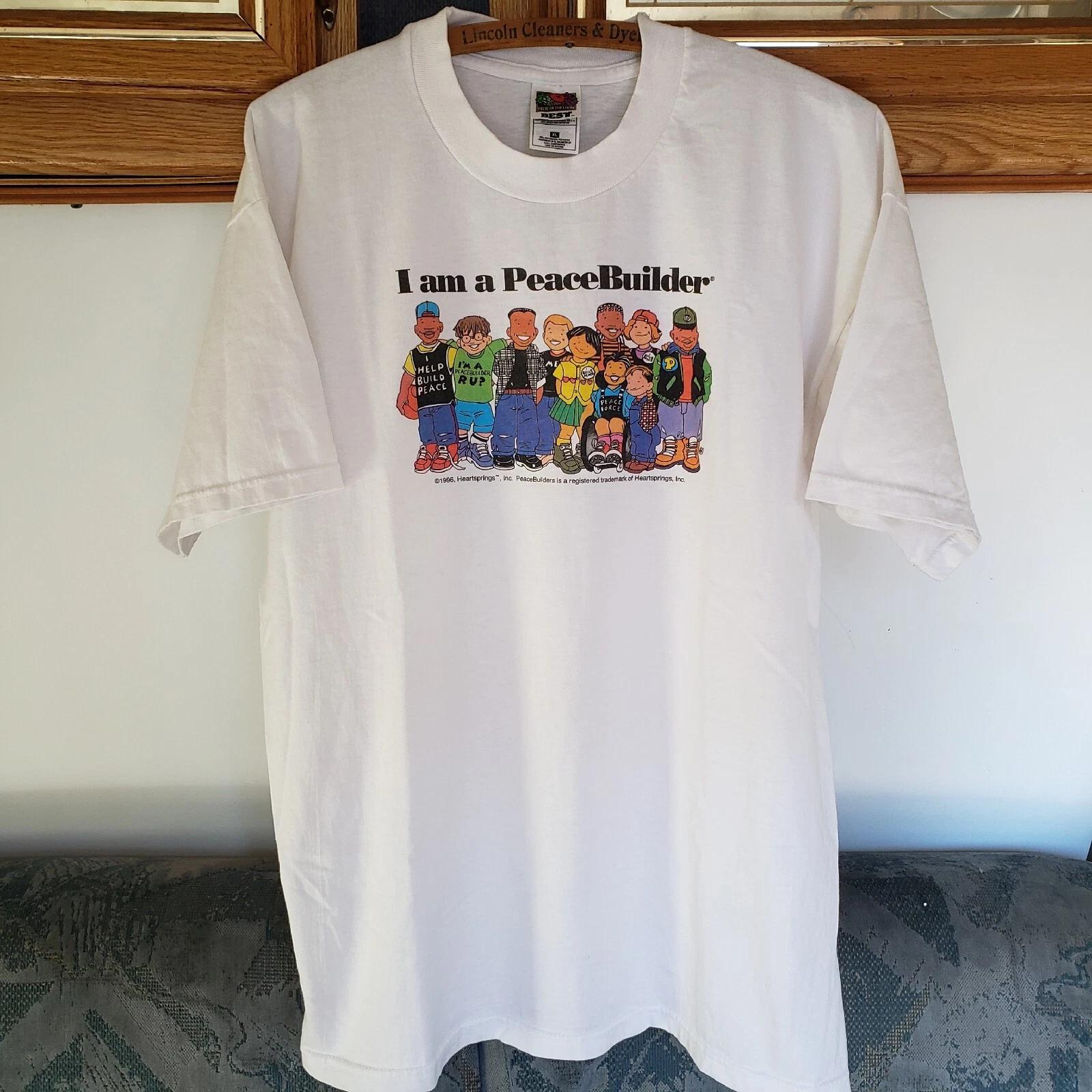 

Vintage 90s Heartsprings I m A Peacebuilder T-shirt Mens XL White 1996 Volunteer XL