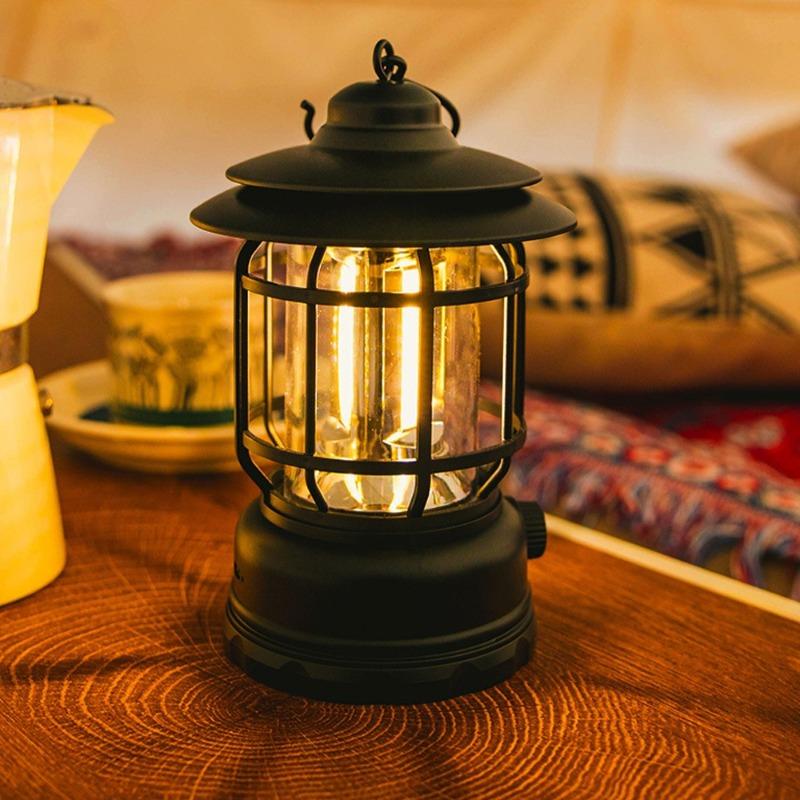 Camping Lantern USB Rechargeable Battery Powered Retro Camping Light Waterproof Hanging LED Tent Lamp for Hiking Fishing