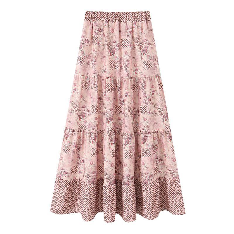 Summer New Arrival Women's Layered Stitching Big Swing Bohemia Retro Print Long Skirt 5029090
