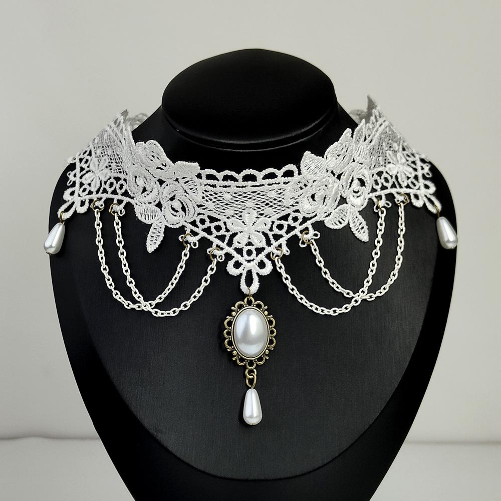 White Lace Pearl Tassel Choker Necklace - Retro Bridal Clavicle Chain белый