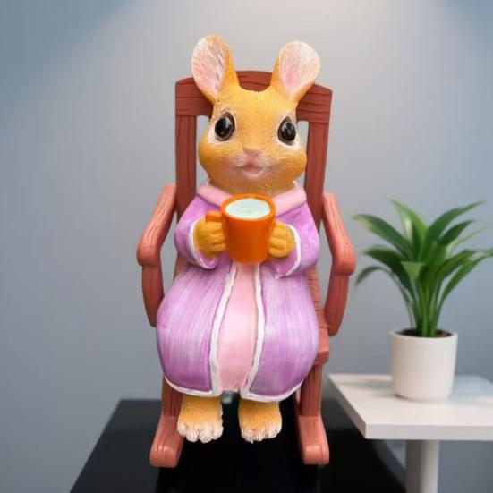 Yousheng Rocking Chair Rabbit Figurine Holding Cup Cartoon Sitting Bunny Resin Statue Animal Sculpture Indoor Outdoor Garden Decoration
