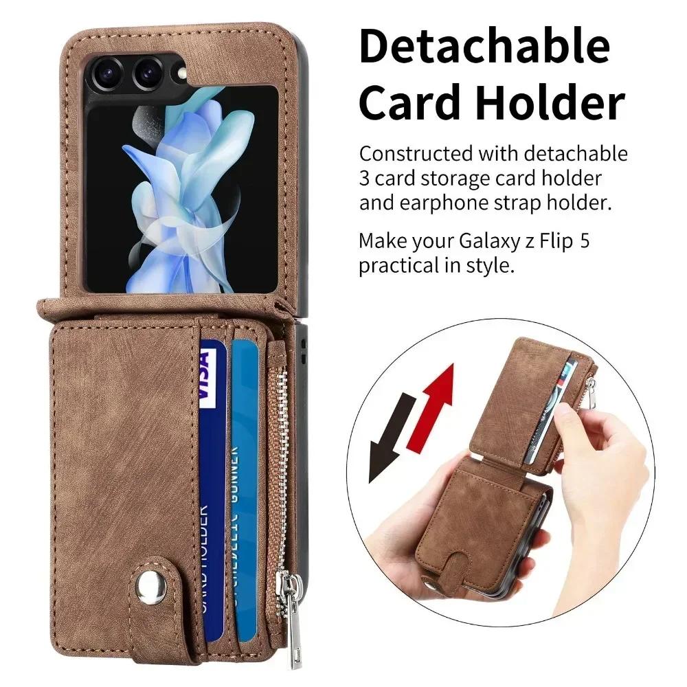 Faux Leather Galaxy Z Flip 6 Wallet Phone Case with Removable Card Holder for Samsung Z Flip 5 4 3 Flip5 Flip4 Flip3 5G Cover
