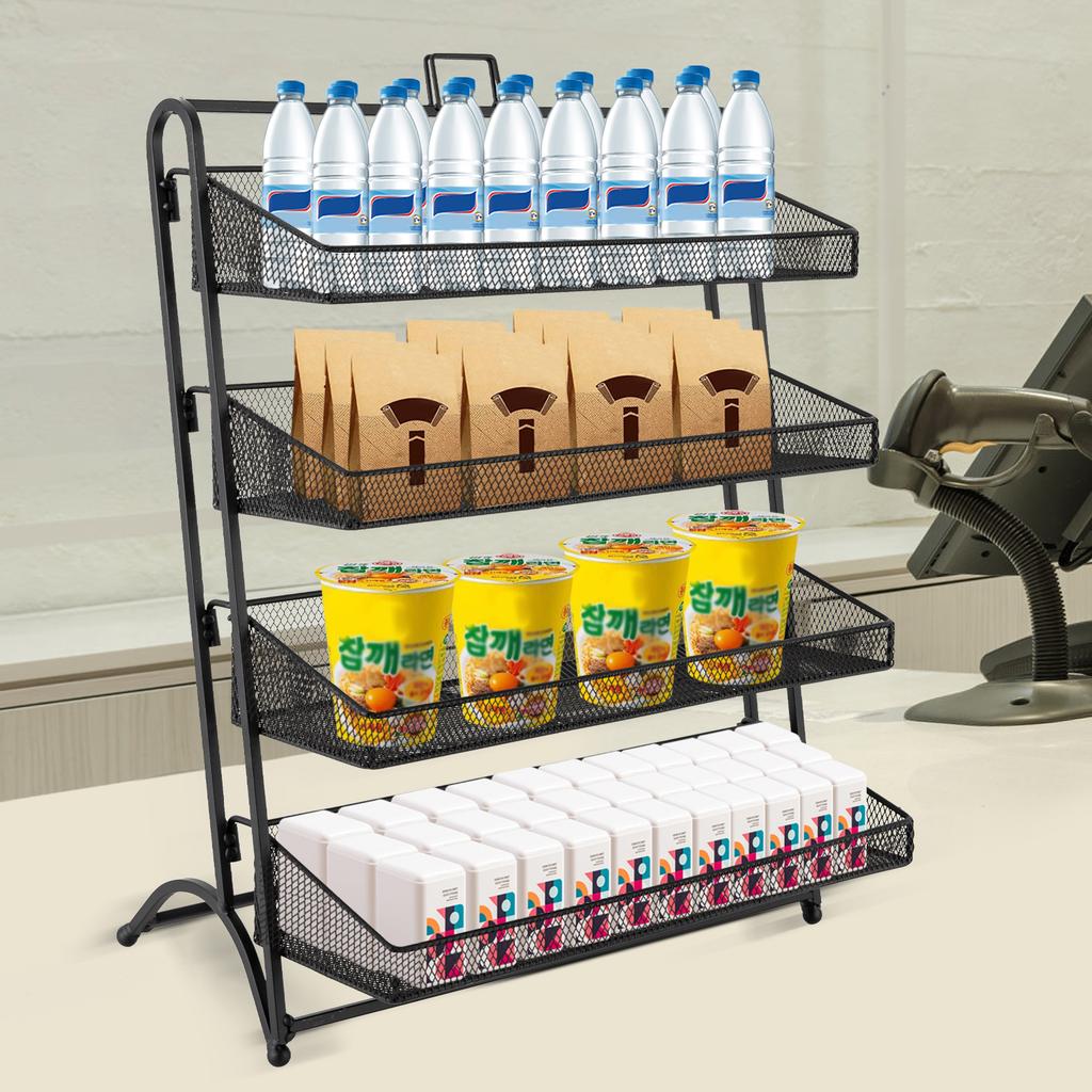 Scaffale Espositore per Caramelle Moderno a 4 Piani con Design Inclinato Nero - Organizer da Banco in Ferro per Snack per Esposizione in Supermercato e Negozio