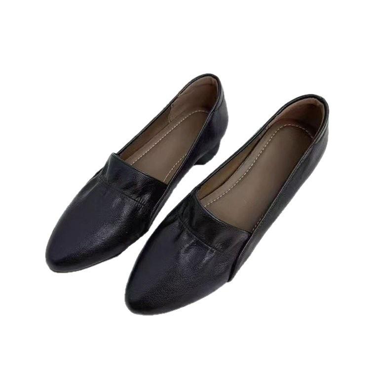 Comfortable single shoes spring new shallow mouth pointed flat shoes thick heel style grandma shoes soft sole