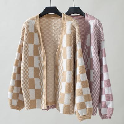 Damen Herbst- und Wintermode Lässige Strickware Lockerer V-Ausschnitt Kariert Colorblock Strickjacke Pullover