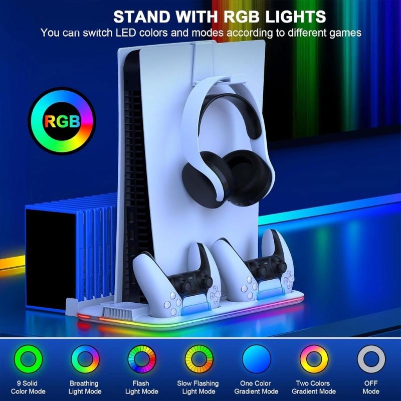 Charging Station with Headset Holder 3 Speed Adjustable Cooling Fan for Slim Controller Charger Stand Charging Dock