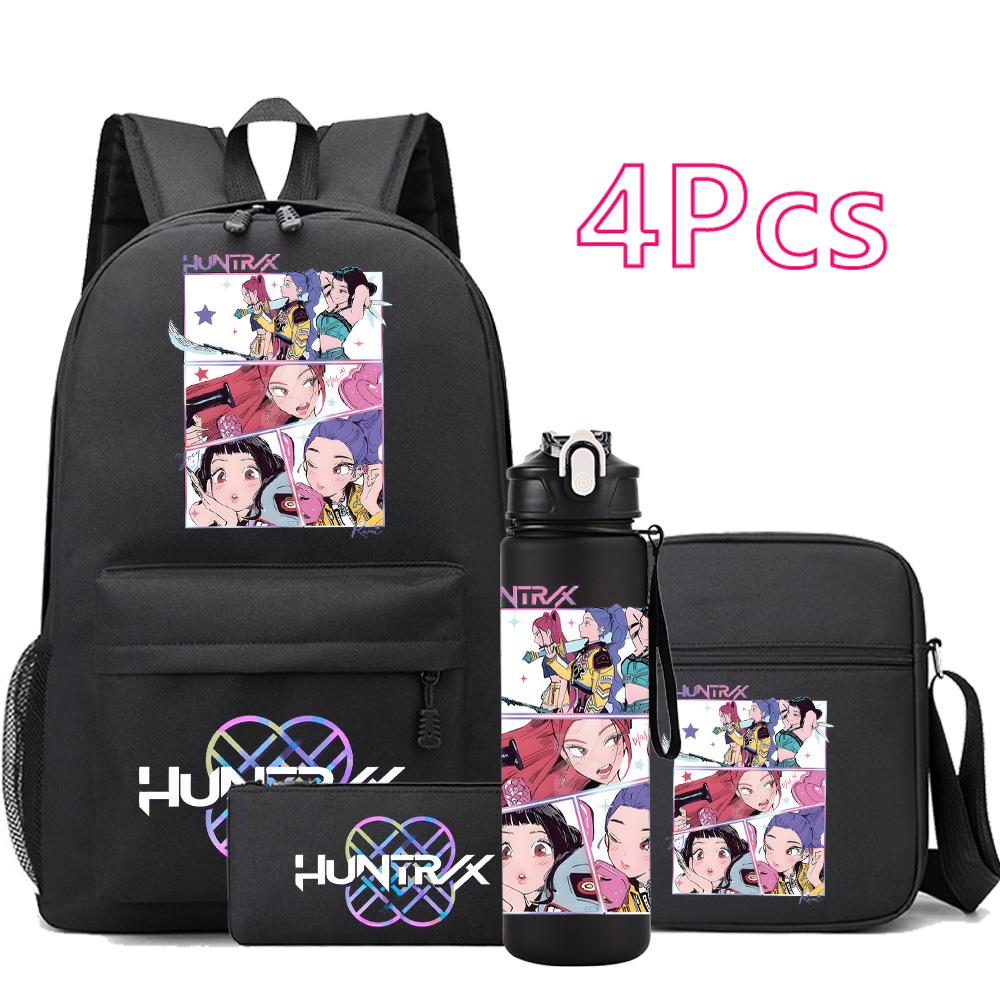 4Pcs/set Anime Cartoon K-Pop Printed Backpack with 750Ml Water Bottler for Teenager Student Girl Boy Bookbag Kid Gift Large Capacity Travel Bag